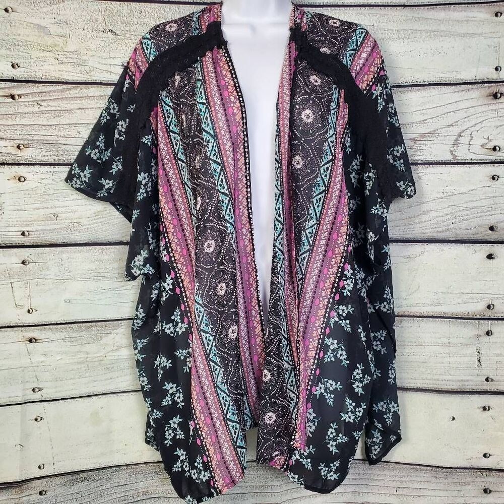 Vanity Women’s Boho Kimono Cardigan Size L Multicolor Print Open Front Sheer